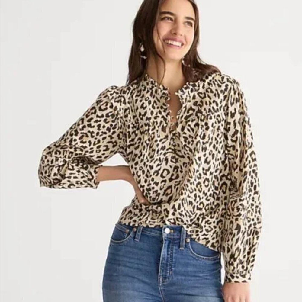 J. Crew Button-front ruffleneck popover in leopard print NWT